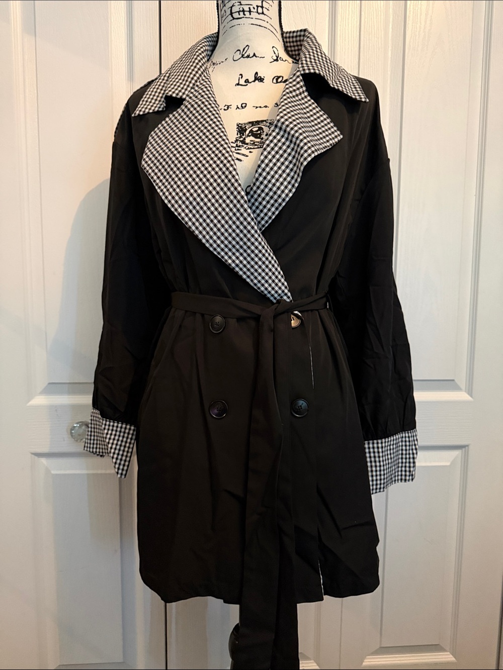 BloomChic Black Trench Coat with Black & White Gingham Lining